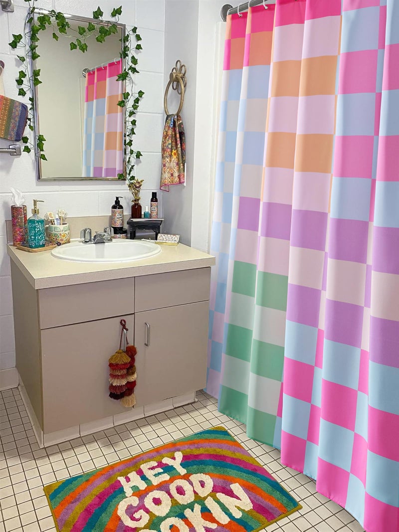 RoomTalks RoomTalks Multicolored Checkered Retro Fabric Shower Curtain for Bathroom  Heavy Duty Pastel Rainbow Colorful Modern Simple Groovy Funky Shower Curtain Set with Hooks Aesthetic Bathroom Decor - Image 1