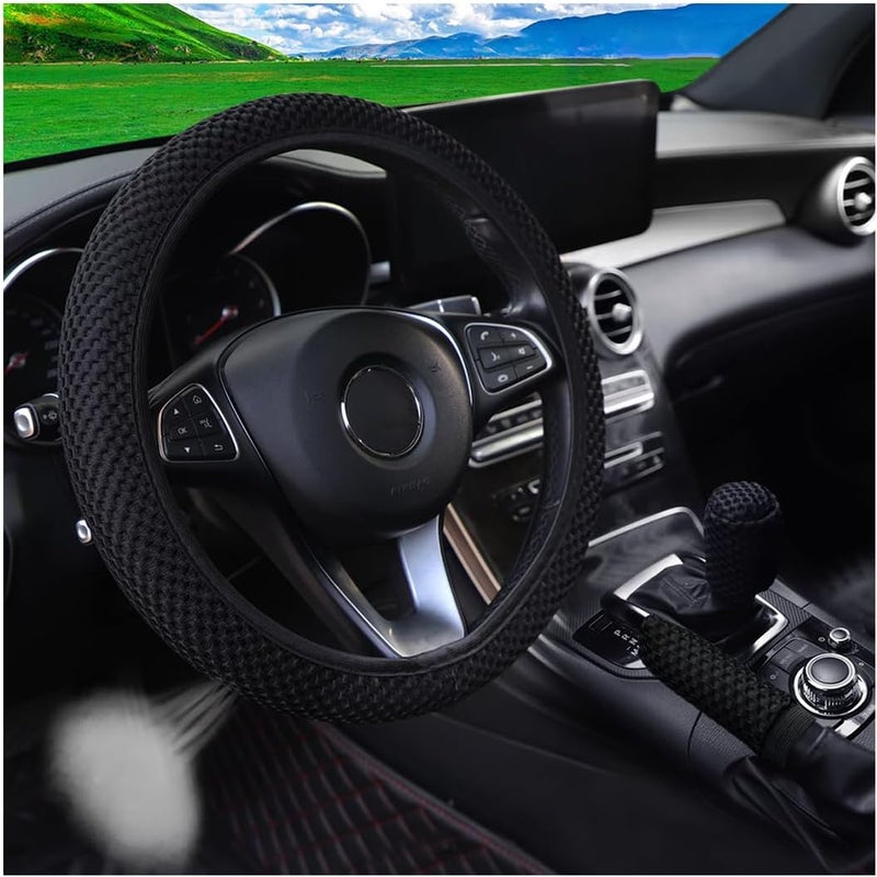 Bittwee 3PCS 15Inch Car Steering Wheel Cover Armrest Cover Gear Shift Cover Set, Microfiber Breathable Anti-Slip Automotive Steering Wheel Protector, Vehicle Interior Decor, Universal Fit（Black） - Image 1
