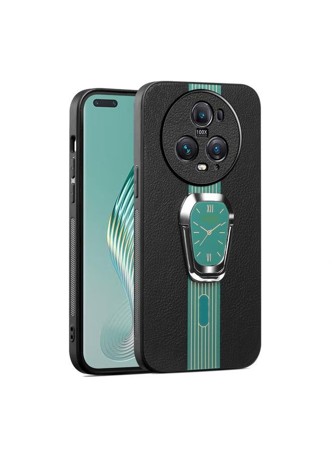 erorex Leather Texture Phone Case with Clock Ring Holder for Honor Magic5 Pro