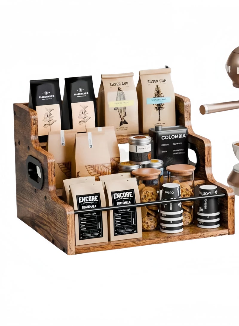 nihao 3 Step Coffee Station Organizer for Counter, Coffee Syrup Rack Organizer,Wood Coffee Pods Holder Storage Basket, Coffee and Tea Condiment Storage Organizer, Rustic Coffee Bar Decor for Coffee Accessories Organizer - Image 1
