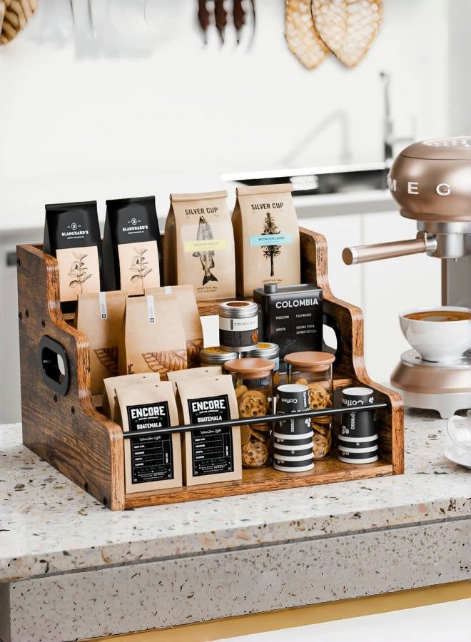 nihao 3 Step Coffee Station Organizer for Counter, Coffee Syrup Rack Organizer,Wood Coffee Pods Holder Storage Basket, Coffee and Tea Condiment Storage Organizer, Rustic Coffee Bar Decor for Coffee Accessories Organizer - Image 2