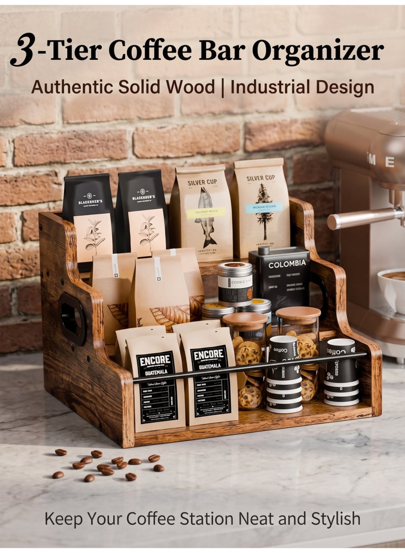 nihao 3 Step Coffee Station Organizer for Counter, Coffee Syrup Rack Organizer,Wood Coffee Pods Holder Storage Basket, Coffee and Tea Condiment Storage Organizer, Rustic Coffee Bar Decor for Coffee Accessories Organizer - Image 1