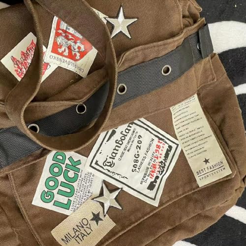 OATSBAS Canvas Messenger Bag for Women Vintage Crossbody Bag Star Patch Grunge Shoulder Bag (Brown) - Image 3