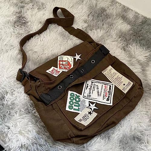 OATSBAS Canvas Messenger Bag for Women Vintage Crossbody Bag Star Patch Grunge Shoulder Bag (Brown) - Image 4