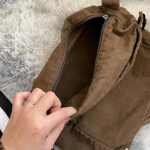 OATSBAS Canvas Messenger Bag for Women Vintage Crossbody Bag Star Patch Grunge Shoulder Bag (Brown) - Image 5