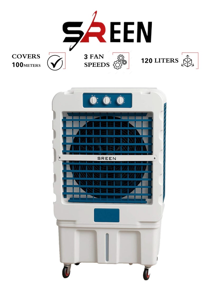 SREEN Portable Desert Air Conditioner - 120 Liters - 3-Sided 3D Cooling - 3 Fan Speeds - Mechanical and Digital 120 L FA-M120WU White/Deep Sea Blue - Image 1