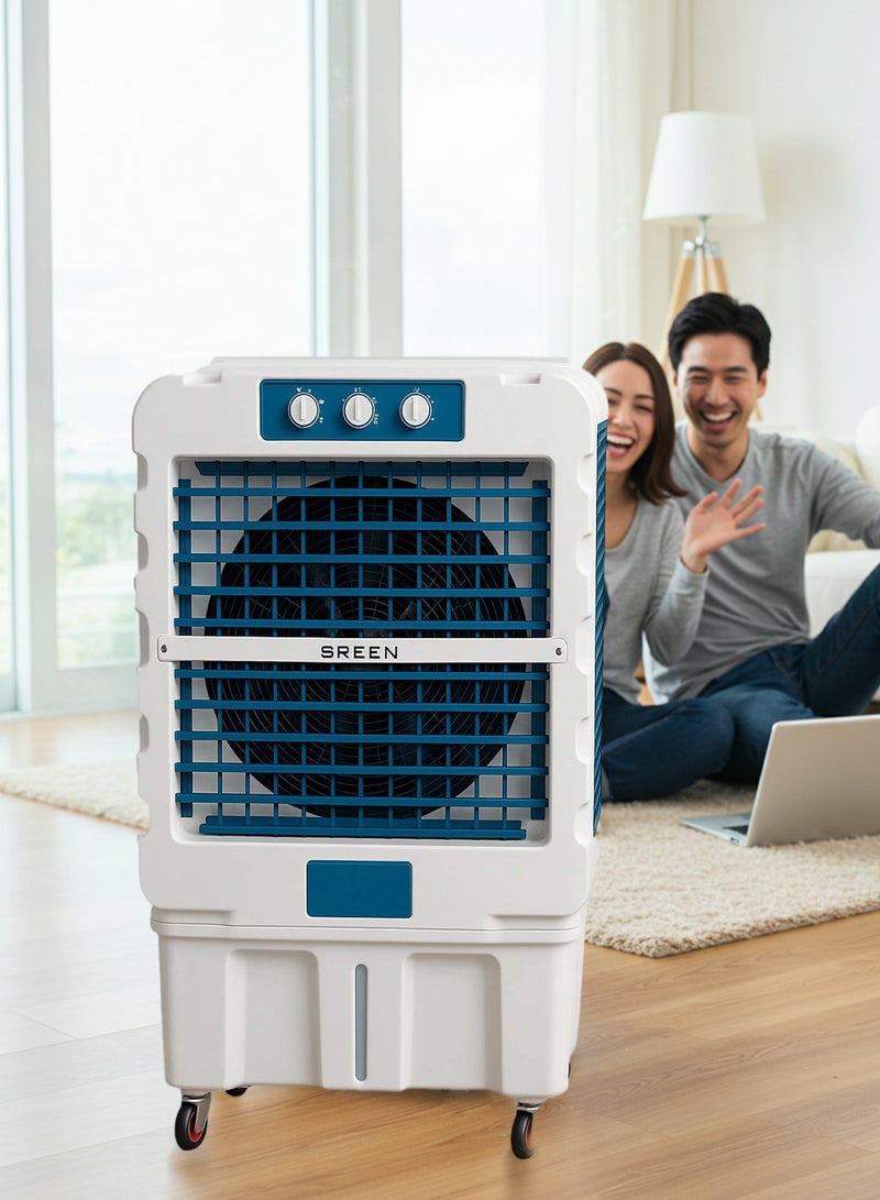 SREEN Portable Desert Air Conditioner - 120 Liters - 3-Sided 3D Cooling - 3 Fan Speeds - Mechanical and Digital 120 L FA-M120WU White/Deep Sea Blue - Image 4