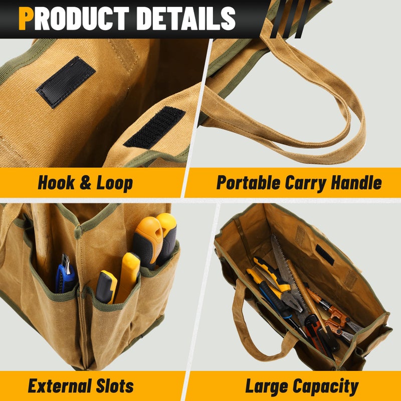 Kaaltisy 16OZ Waxed Canvas Tool Tote Bag | Large-Capacity Tool Storage Tote with 10 External Pockets | Multi-Purpose Garden Tool Carrier for Gardening, Wrench, and Carpentry Tools â€“ Khaki - Image 3