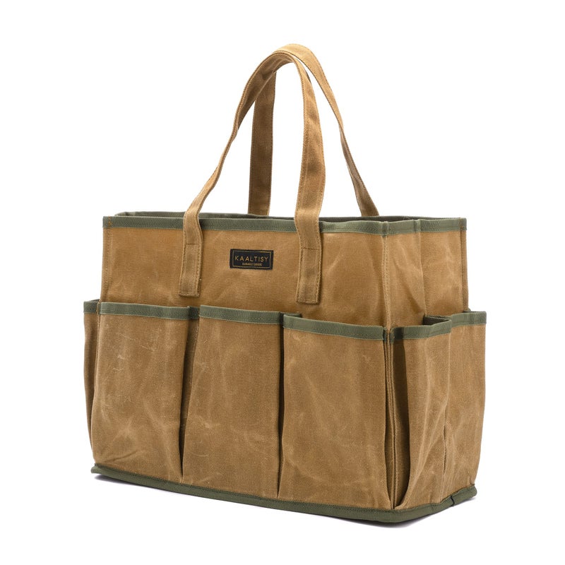 Kaaltisy 16OZ Waxed Canvas Tool Tote Bag | Large-Capacity Tool Storage Tote with 10 External Pockets | Multi-Purpose Garden Tool Carrier for Gardening, Wrench, and Carpentry Tools â€“ Khaki - Image 1