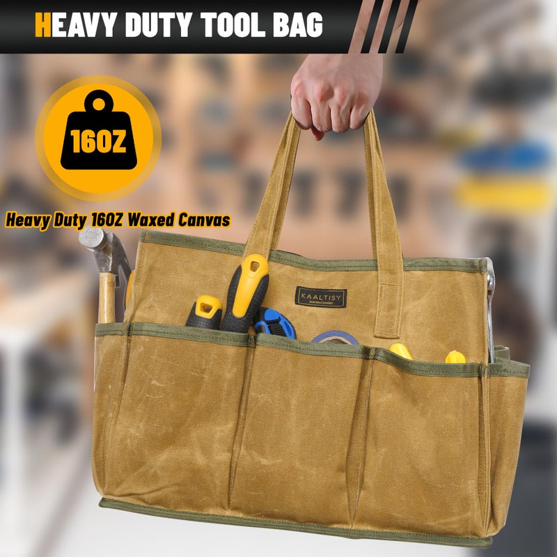 Kaaltisy 16OZ Waxed Canvas Tool Tote Bag | Large-Capacity Tool Storage Tote with 10 External Pockets | Multi-Purpose Garden Tool Carrier for Gardening, Wrench, and Carpentry Tools â€“ Khaki - Image 4