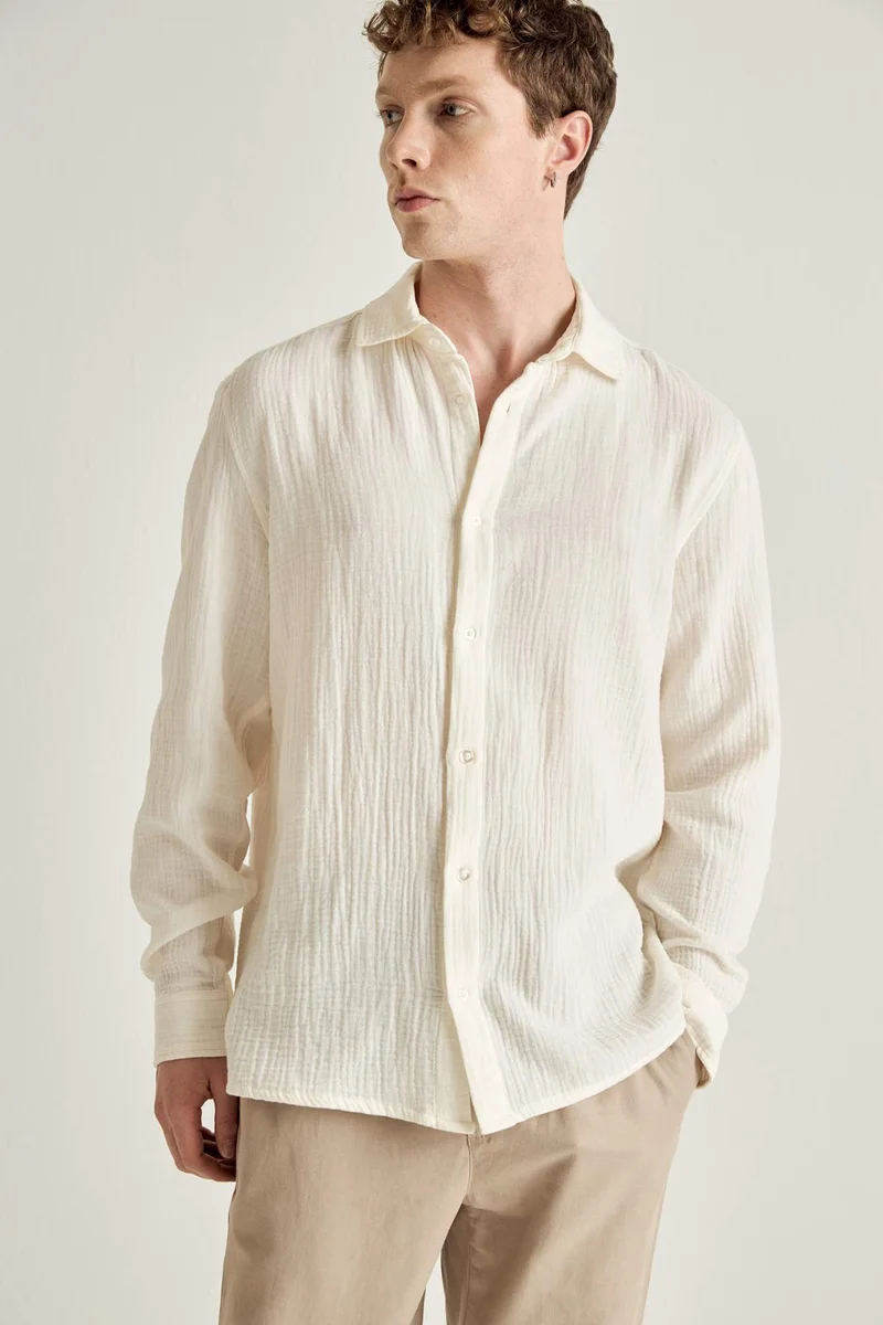 ديفاكتو Regular Fit Polo Collar Muslin Long Sleeve Shirt