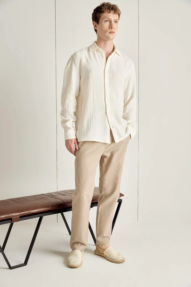 ديفاكتو Regular Fit Polo Collar Muslin Long Sleeve Shirt