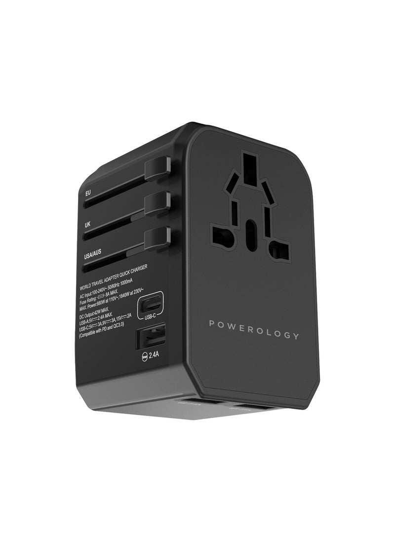 Powerology Universal Travel Adapter Fast Charging , Quick Charging, Secure to Use, Anti Heating, Latest Technology - Black  - Image 1