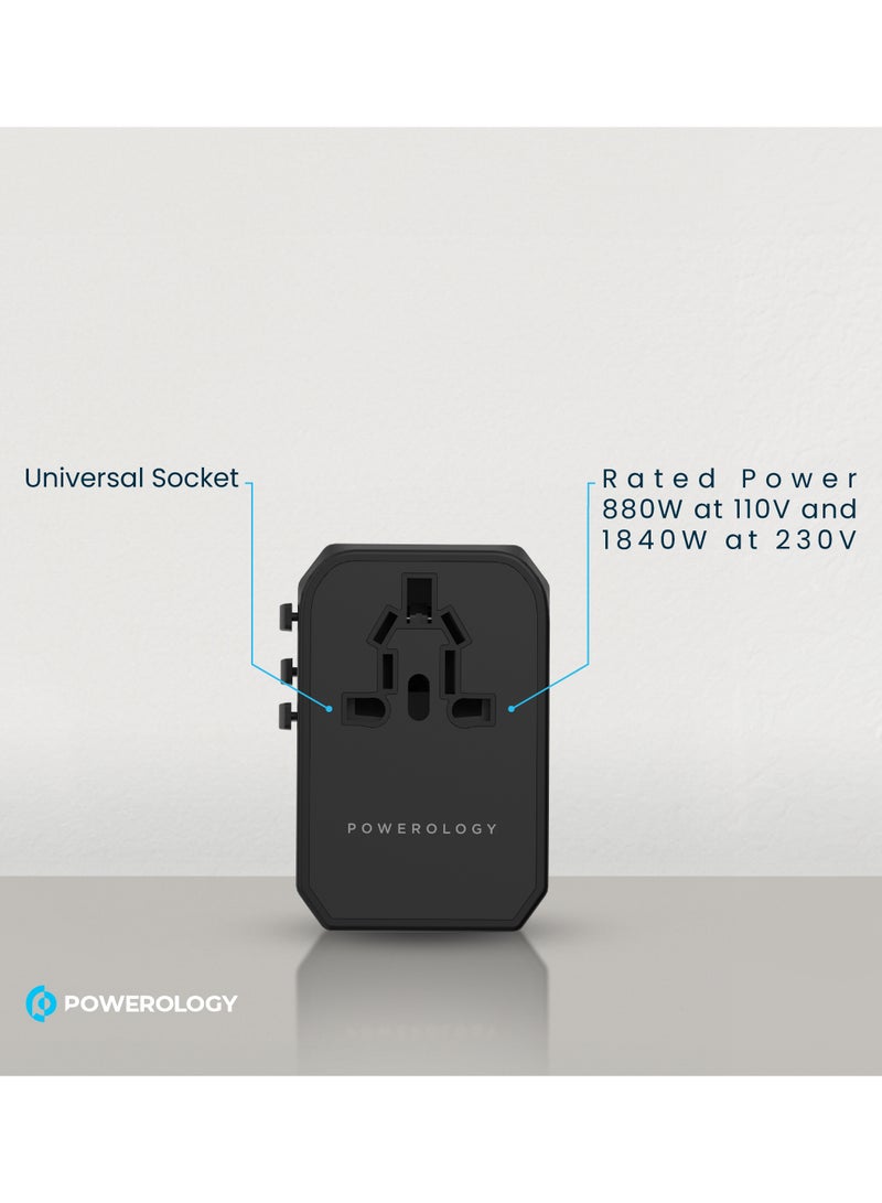 Powerology Universal Travel Adapter Fast Charging , Quick Charging, Secure to Use, Anti Heating, Latest Technology - Black - Image 4
