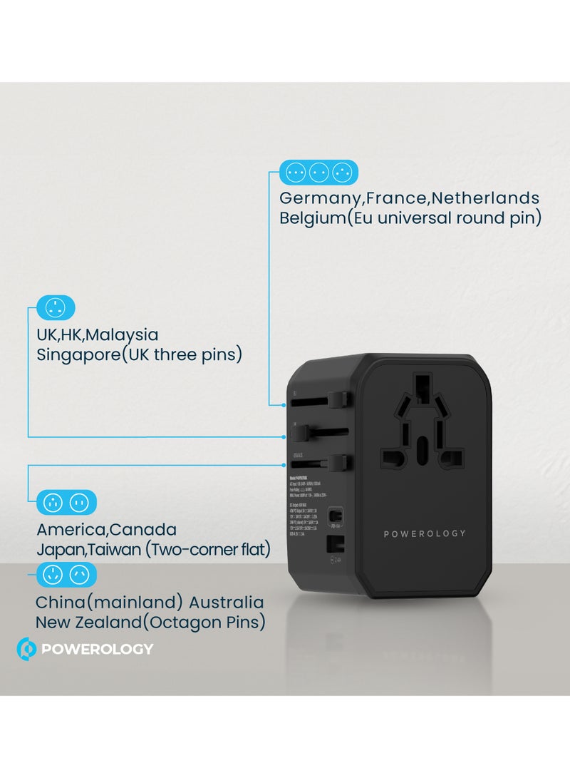 Powerology Universal Travel Adapter Fast Charging , Quick Charging, Secure to Use, Anti Heating, Latest Technology - Black - Image 2