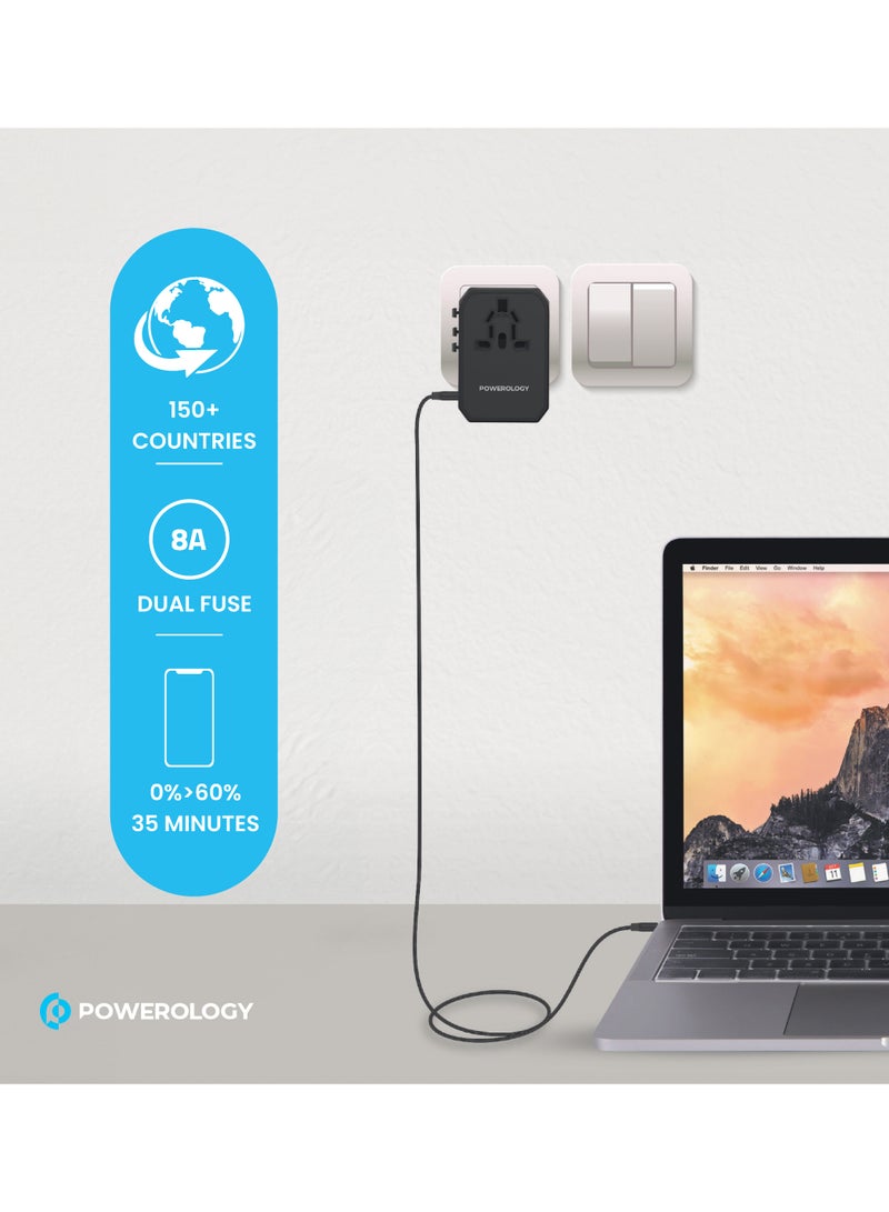 Powerology Universal Travel Adapter Fast Charging , Quick Charging, Secure to Use, Anti Heating, Latest Technology - Black - Image 3