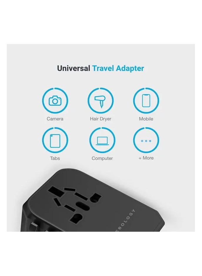 Universal Travel Adapter Fast Charging , Quick Charging, Secure to Use, Anti Heating, Latest Technology - Black