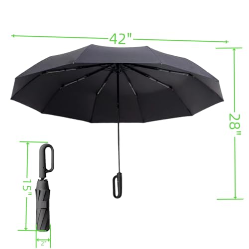 FlyNautics Foldable Umbrella for Travel,42inch 10 Ribs Heavy Duty Automatic Open Shut Umbrella with Comfortable Carabiner Handle for Men Women Rain Sun Windproof Loop Buckle Parasol Black - Image 2