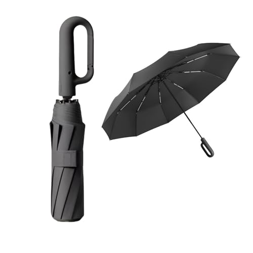 FlyNautics Foldable Umbrella for Travel,42inch 10 Ribs Heavy Duty Automatic Open Shut Umbrella with Comfortable Carabiner Handle for Men Women Rain Sun Windproof Loop Buckle Parasol Black - Image 1