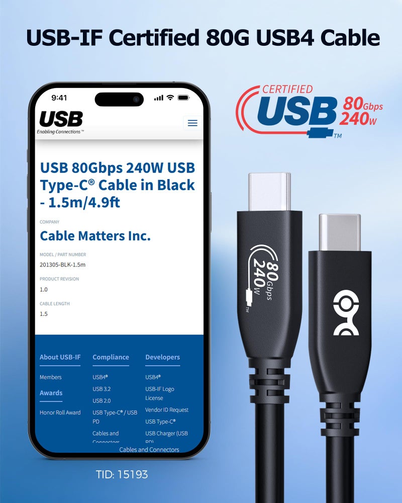 Cable Matters [USB-IF Certified] 80Gbps USB 4 Cable - 4.9ft, Supports Up to [8K@120Hz / 4K@480Hz Video, 240W Charging, 80Gbps Data Transfer] USB4 Cable, Compatible with Thunderbolt 5/4, MacBook - Image 2