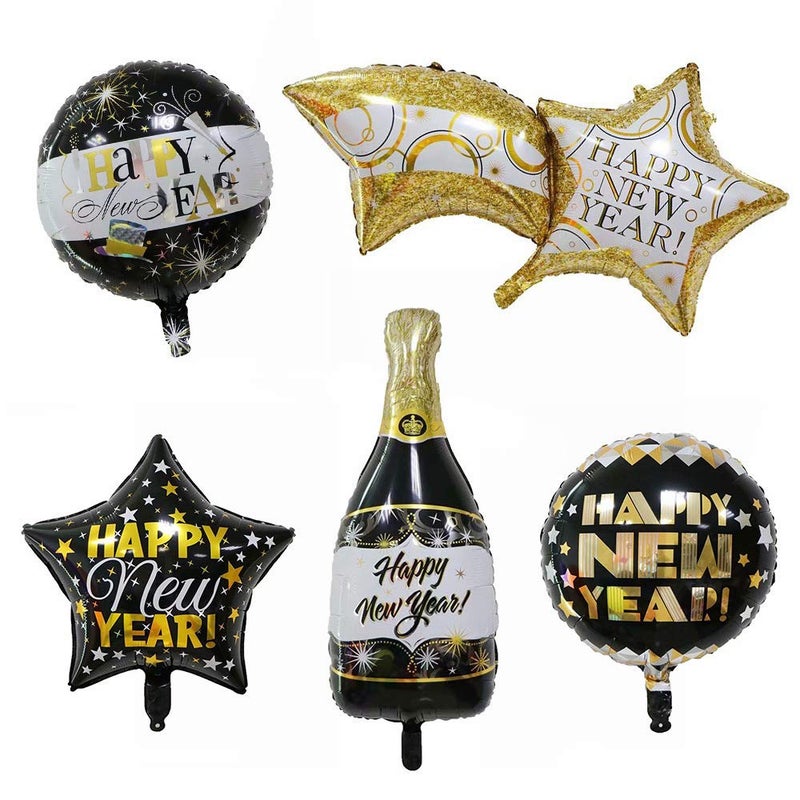 MANGO New Year Party Balloons Decorations 5pcs Black and Gold Mylar Balloons Champagne Bottle Black Gold Balloons for Happy New Year Eve Party Celebration Decor Supplies - Image 2