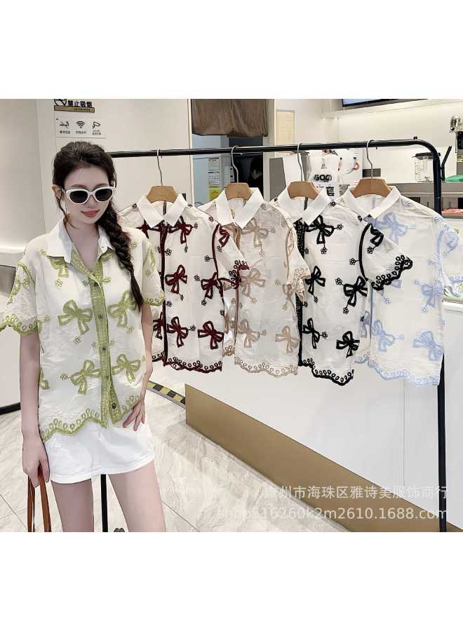 French Style Sweet Age-reducing Fresh Embroidered Shirt Women's Spring Hollow Loose Slimming All-match Chic Short-sleeved Top