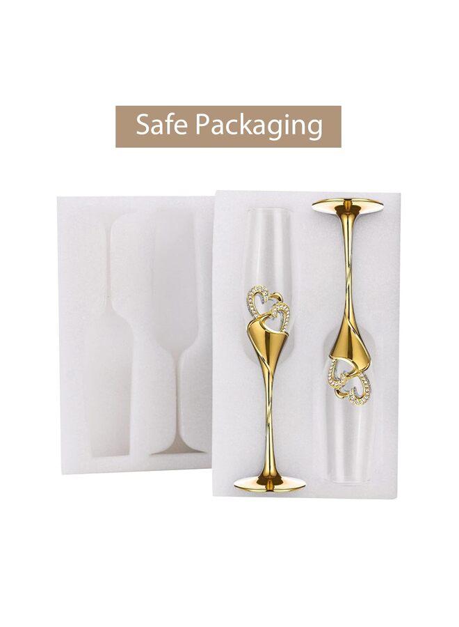 طقم كؤوس شمبانيا فاخر من قطعتين، مطلية بالذهب، مزينة بحواف مرصعة بقلوب مرصعة بأحجار الراين، مثالية لحفلات الزفاف والذكرى السنوية والمناسبات الخاصة. - Image 5