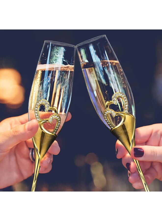 طقم كؤوس شمبانيا فاخر من قطعتين، مطلية بالذهب، مزينة بحواف مرصعة بقلوب مرصعة بأحجار الراين، مثالية لحفلات الزفاف والذكرى السنوية والمناسبات الخاصة. - Image 3
