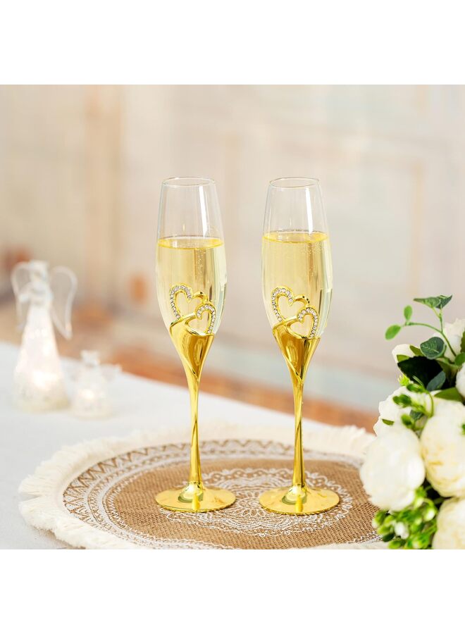 طقم كؤوس شمبانيا فاخر من قطعتين، مطلية بالذهب، مزينة بحواف مرصعة بقلوب مرصعة بأحجار الراين، مثالية لحفلات الزفاف والذكرى السنوية والمناسبات الخاصة. - Image 2