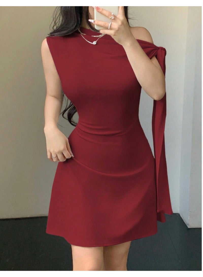 Shein Women's Asymmetric Tie-Up Waist Short Dress Red - Image 1