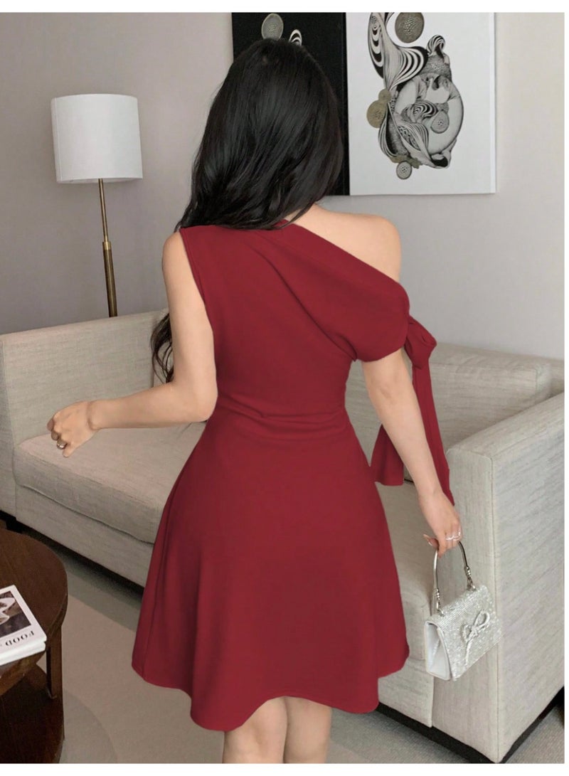 Shein Women's Asymmetric Tie-Up Waist Short Dress Red - Image 2