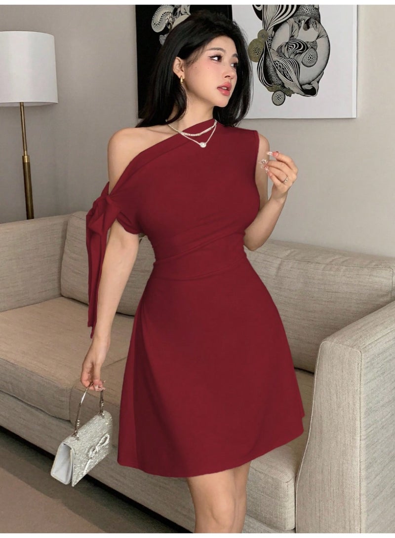 Shein Women's Asymmetric Tie-Up Waist Short Dress Red - Image 3