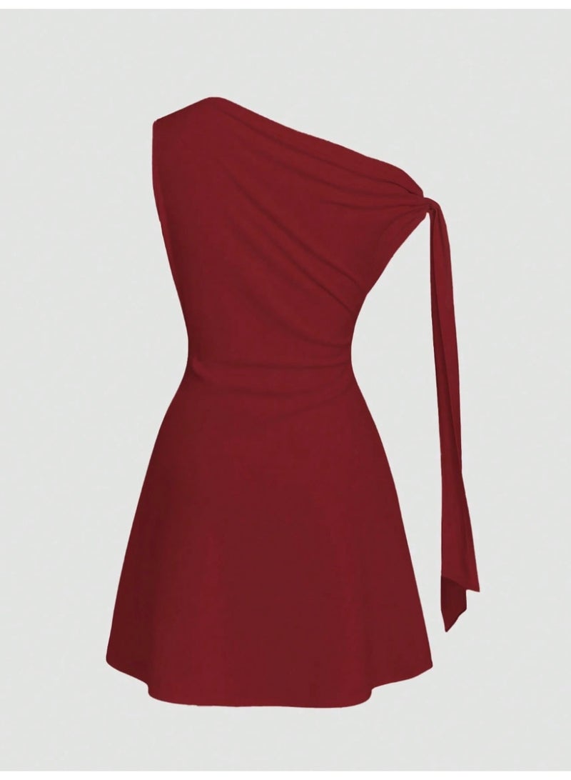 Shein Women's Asymmetric Tie-Up Waist Short Dress Red - Image 4