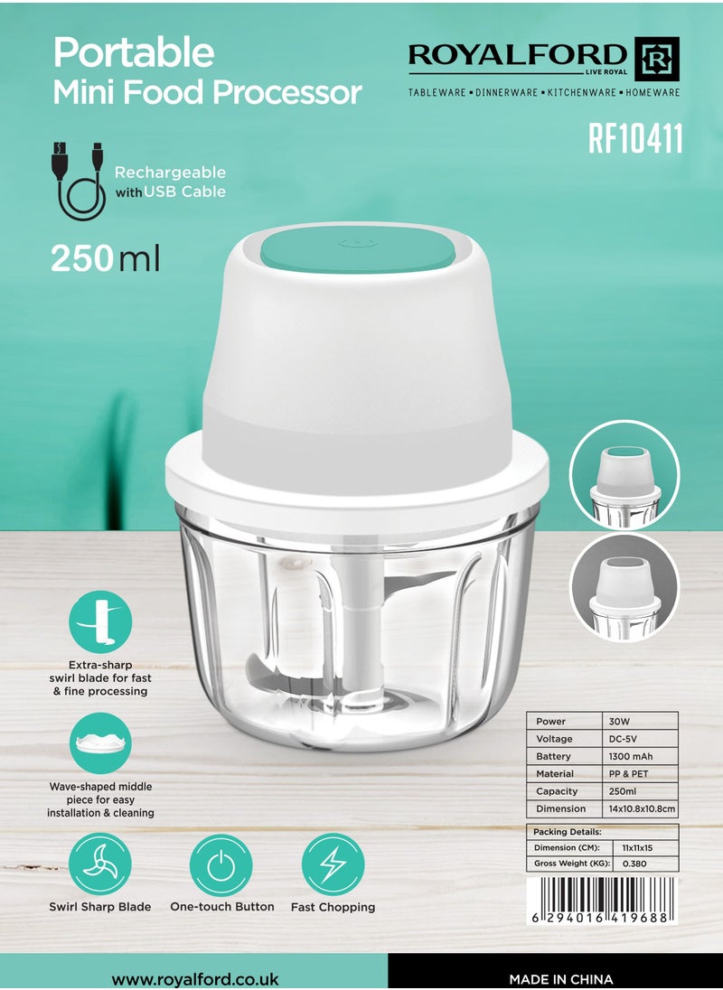Royalford - Portable Mini Food Processor, 250ml PP & PET Bowl, RF10411 | Rechargeable Food Processor with USB Cable | Swirl Sharpe Blade | One-Touch Button | 1300mAh Battery - Image 1