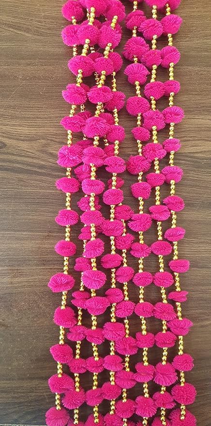 Generic Sellplus Handmade Wall Door 5 ftStrings Hanging Pom Pom Torans Garland with Golden Bells Decoration Item for Home Dcor Diwali FestivalNavratriWedding 5 FT 6 Strings Pink  - Image 2