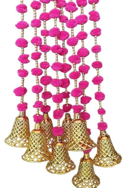 Generic Sellplus Handmade Wall Door 5 ftStrings Hanging Pom Pom Torans Garland with Golden Bells Decoration Item for Home Dcor Diwali FestivalNavratriWedding 5 FT 6 Strings Pink  - Image 1