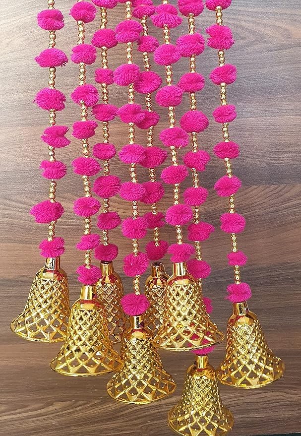 Generic Sellplus Handmade Wall Door 5 ftStrings Hanging Pom Pom Torans Garland with Golden Bells Decoration Item for Home Dcor Diwali FestivalNavratriWedding 5 FT 6 Strings Pink  - Image 3