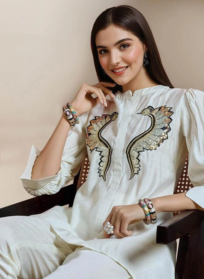 آي شين طقم كورتا نسائي أبيض مزين قطن % بالاس مستقيم طويل