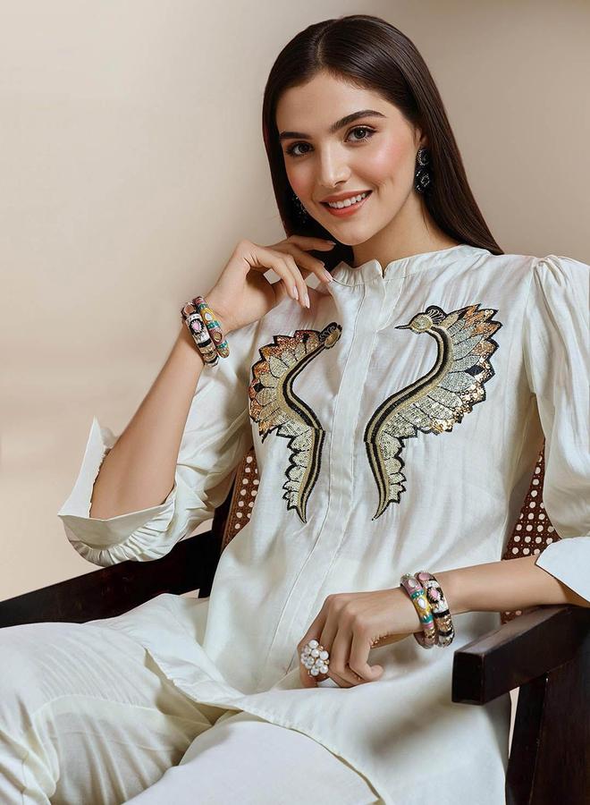 ISHIN Off White Cotton Embellished Pattern Straight Kurta Set for Women with Round Neck Neckline Three-Fourth Sleeves Calf length Upper Body Wear Tunic Full Length Bottom Body Wear Palazzo Elastic Closure - Perfect for Festive Occasions - Image 2