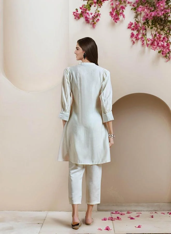 ISHIN Off White Off White Cotton Embellished Pattern Straight Kurta Set for Women with Round Neck Neckline Three-Fourth Sleeves Calf length Upper Body Wear Tunic Full Length Bottom Body Wear Palazzo Elastic Closure - Perfect for Festive Occasions for Women | Best Price UAE