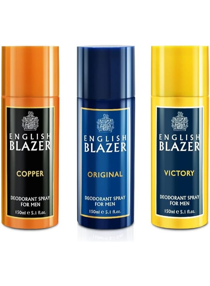 English Blazer Assorted Body Spray Set for Men – Long-Lasting Fresh Fragrance, 3 × 150 ml