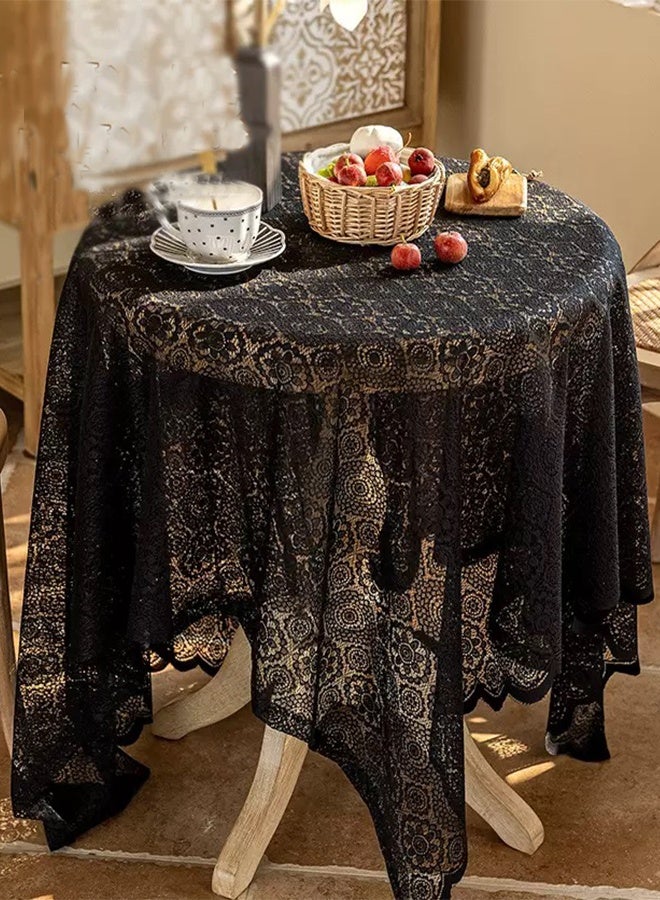 طاولة قهوة جديدة على الطراز الفرنسي على الطراز القطري مع زخرفة الدانتيل، دولاب مغطى بأغطية قماش قماش شبيه بشبكة البلاط الأسود 140x140cm - Image 1