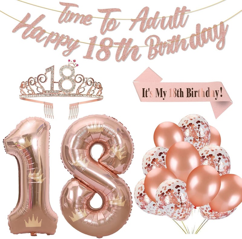 Inspireyee Rose Gold 18th Birthday Decorations for Girls Rose Gold 18th Birthday Banner 18th Birthday Sash 18th Tiara 40 Inch NO 18 Rose Gold Foil Balloons Rose Gold Confetti Balloons 18th Rose Gold Party Set - Image 2