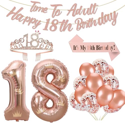 Inspireyee Rose Gold 18th Birthday Decorations for Girls Rose Gold 18th Birthday Banner 18th Birthday Sash 18th Tiara 40 Inch NO 18 Rose Gold Foil Balloons Rose Gold Confetti Balloons 18th Rose Gold Party Set - Image 1