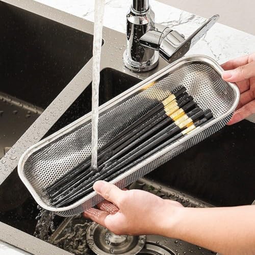 Jolfay Stainless Steel Colander Tumbler Cup Lid Organizer Inside Cabinet, Rectangular Basket for Storage and Organization for Silverware, Chopsticks, straws and Utensils Vegetables Fruits wash - Image 3