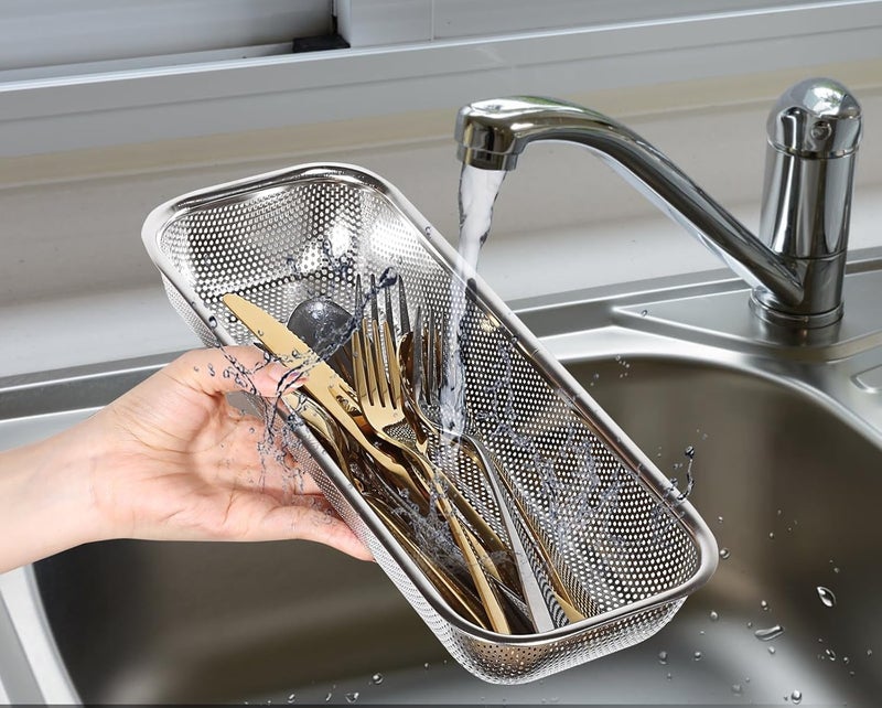 Jolfay Stainless Steel Colander Tumbler Cup Lid Organizer Inside Cabinet, Rectangular Basket for Storage and Organization for Silverware, Chopsticks, straws and Utensils Vegetables Fruits wash - Image 1