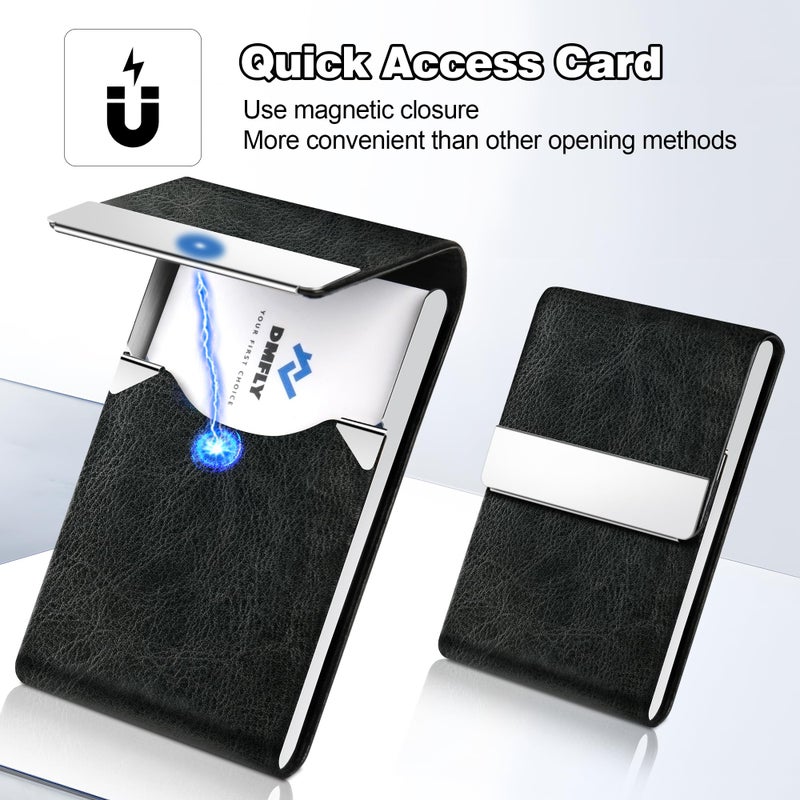 DMFLY Business Card Holder for Women or Men, Business Card Case with PU Leather and Stainless Steel, Slim Metal Case with Magnetic Closure for Business Meeting Use - Image 3