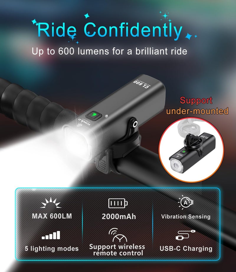 TOWILD CL600 Bicycle Front Headlight with 600 Lumens - Compact Bike Light for Commuting and Night Riding - USB Rechargeable Waterproof LED Light with Garmin/GoPro Mount Compatibility - Image 2