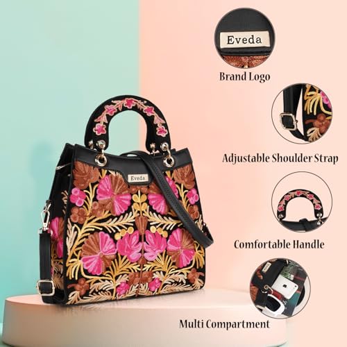 EVEDA Synthetic Leather Gorgeous Embrodeiry Stylish Design Hobo Women Handbag (Black) - Image 2