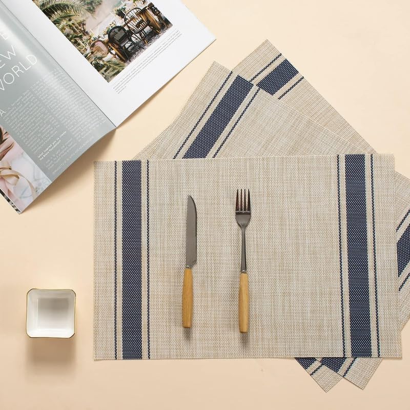 LUCCI LUCCI Placemats HeatResistant Woven Vinyl Placemat NonSlip Washable PVC Table Mat Easy to Clean Premium Plastic Mats for Dining Kitchen Table Set of 8 Blue Line - Image 2
